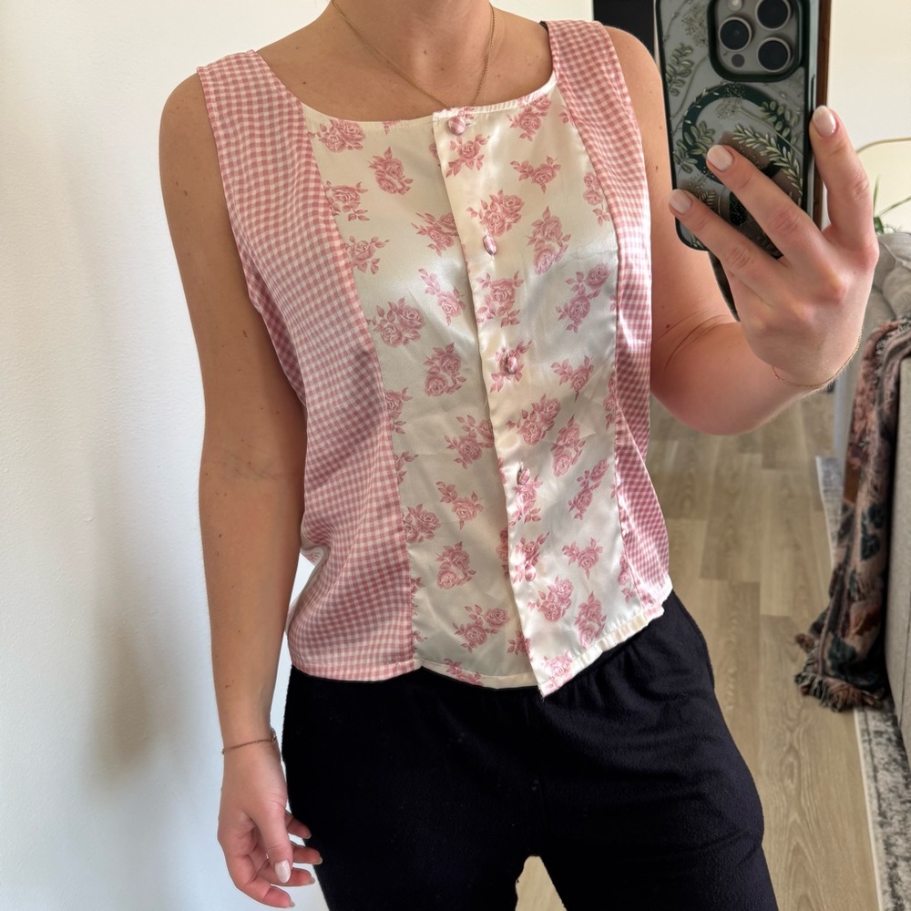 Pink Floral & Gingham Sleeveless Top - Unbranded
